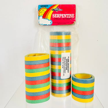 Vintage 1980s Retro Rainbow Stripe Serpentine Throw Rolls NOS Party Decor 1985 Unique Industries Taiwan 