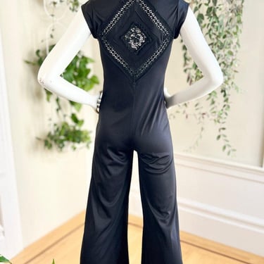 Vintage 1970s Jumpsuit | 70s Black Diamond Lace Spiderweb Jersey Disco Catsuit NYE Party Goth | x-small/small 