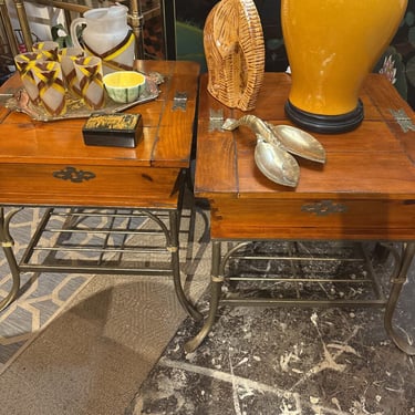 Pair of Asian inspired side tables with storage compartment 24 w x 23 h. In store pick up only