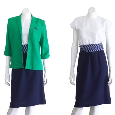 1980s Vintage Blue and White Dress with Green Blazer 