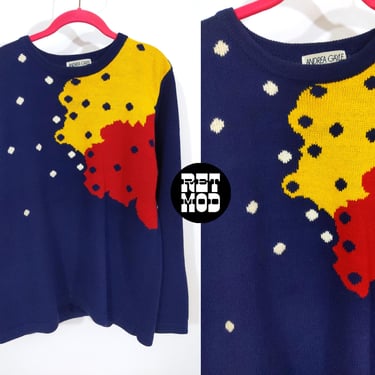 Bold Graphic Vintage 90s Red Navy Blue Yellow Abstract Patterned Pop Sweater 