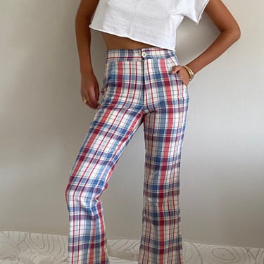 70s plaid bell bottoms / vintage baby blue + red madras plaid high waisted bell bottom flared leg pants | 27 Waist 