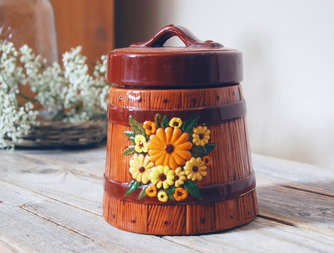 Vintage 1970s Cookie Jar Floral Flowers Butterfly Heavy Ceramic