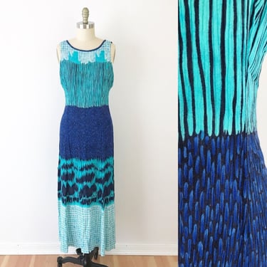 SIZE L Vintage 80s Boho Beach Vibes Ombre Maxi Dress Large Ikat Open Back Cut Out Long Rayon 