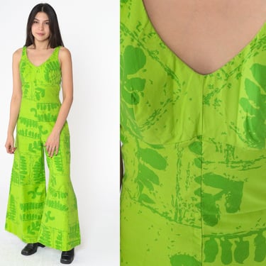 Hawaiian Palazzo Jumpsuit 60s 70s Wide Leg Jumpsuit Lime Green Leaf Print Boho Tropical Hippie Pants Vintage Sleeveless Extra Small xs 