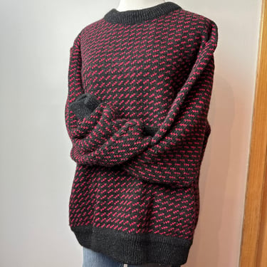 VTG 100 % wool sweater Men’s XL/ unisex oversized boxy classic preppy outdoors wear knit pullover red & black 