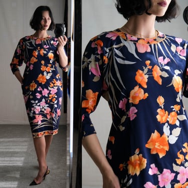 Vintage 60s LEONARD PARIS Navy Silk Short Sleeve Floral Print Dress | Made in Italy | 100% Cotton Jersey Knit | 1960s Designer Cotton Dress 
