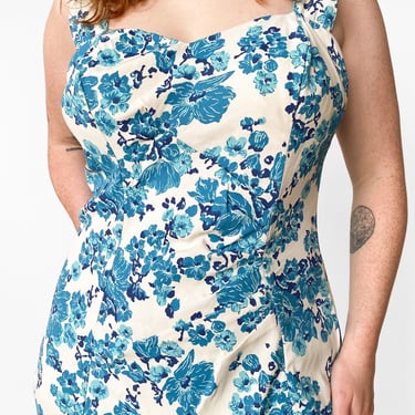 1950s White Floral Swimsuit, sz. L/XL