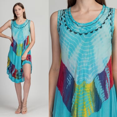 90s Boho Blue Tie Dye Dress - One Size | Vintage Sleeveless Embroidered Midi Beach Dress 