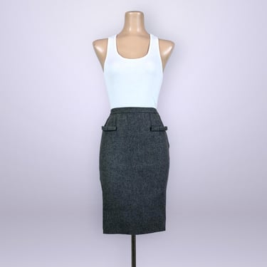VINTAGE 50s Gray Wool Pencil Skirt With Functional Bow Pockets 26