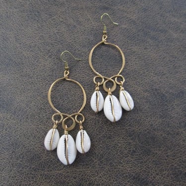 Bold brass and cowrie shell hoop earrings 