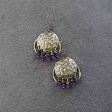Chandelier earrings, hammered bronze and purple lava rock 