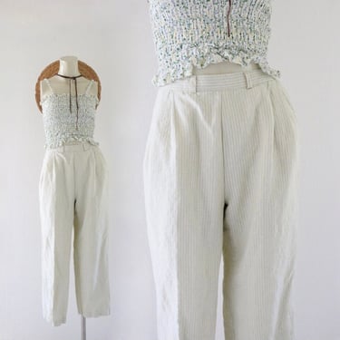 micro stripe linen trousers - 27 - vintage 90s y2k pistachio green cream ivory striped high waist womens size small pants cropped 