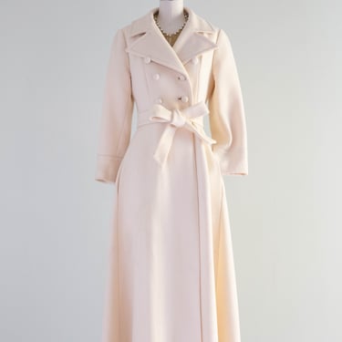 Fabulous 1970's Ivory Wool Trench Style Maxi Coat / Small