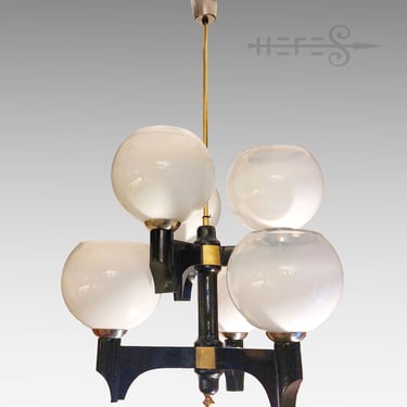 Mid Century Bubble Chandelier Piano Black Wooden Brass Details Vintage Czech Design 1960s 