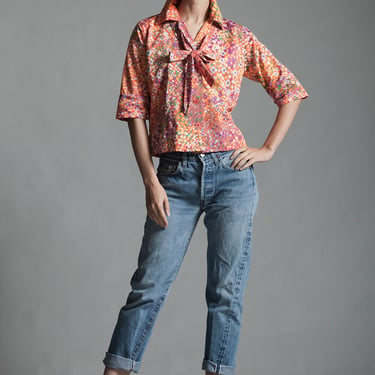 ascot bow crop top blouse boxy belted orange floral half sleeves vintage 70s MEDIUM M 