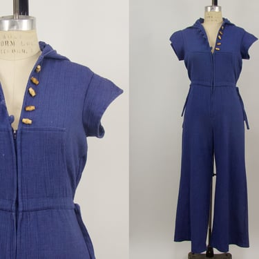 Vintage 1970s Indigo Blue Hooded Jumpsuit, Vintage Cotton Jumpsuit, Vintage Bohemian Hippie, 70s Romper, Chest 38