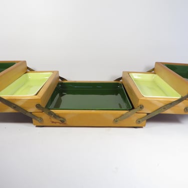 Vintage Appetizer Serving Set - Wood Ceramic Folding Tacklebox Style Serving Set 