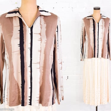 Vera | 1970s Tan & White Striped Blouse | 70s Mod Stripe Polyester Shirt | Vera | Large 