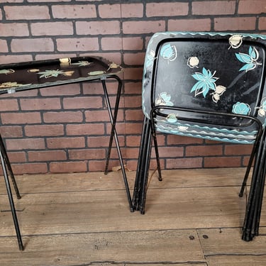 Set of 4 Black and Turquoise Leaf Metal TV Trays with Storage Rack 