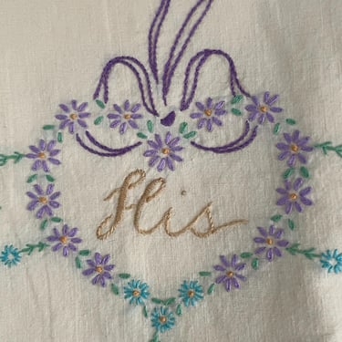 embroidered His and Hers pillowcase pair 1950s flower embroidery linens 