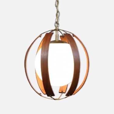 Mid-Century Modern Walnut & Brass Orb Pendant Chandelier 