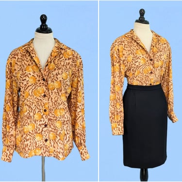 Vintage 80s/90s Escada Silk Button Down Blouse, 1980s Long Sleeve Novelty Print Shirt 