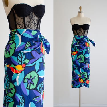 blue wrap skirt 80s 90s vintage I. Magnin tropical bird floral cotton sarong skirt 