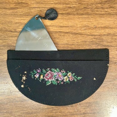 Vintage Embroidered Makeup Compact Sliding Mirror Black Floral Motif Retro 