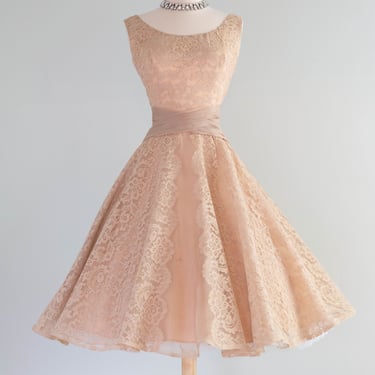 Stunning 1950's Illusion Lace & Silk Organza Party Dress / Medium