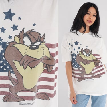 90s Taz T-Shirt Looney Tunes Shirt Tasmanian Devil American Flag Graphic Tee Retro Cartoon Tshirt Warner Bros Single Stitch Vintage 1990s XL 