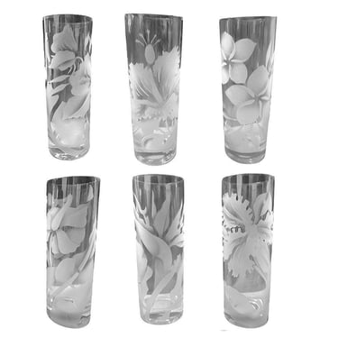 Set of 6 Mid-century Thorpe Style Sandblasted Etched Tom Collins Barware Glasses 