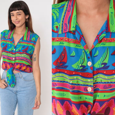 Vintage 90s Tropical Sequin Blouse Sailboat Beaded Tie-Front Top Pineapple Print Striped Sleeveless Button-Up Shirt Nautical Small Medium 