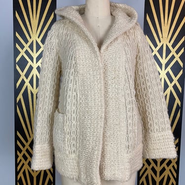 1970s cardigan, cream wool, hooded sweater, vintage sweater, bohemian style, sweater coat, medium, chunky, heavy woven, knit jacket 