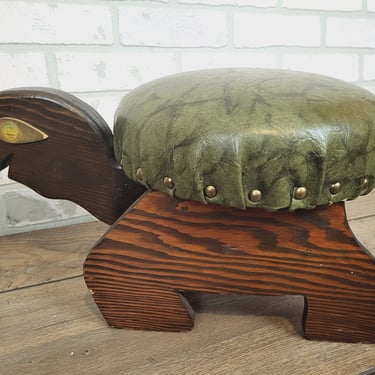 Mid Century Modern Green Wood Turtle Vinyl/Pleather Ottoman/Stool 