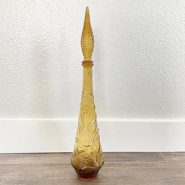 Mid Century Modern Amber Empoli 22” Glass Genie Bottle Decanter & Stopper 1960's