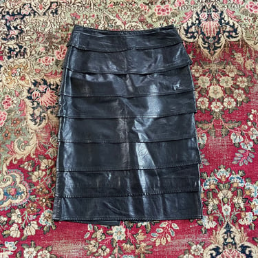 Christian Lauren tiered black leather skirt | vintage ‘80s designer, butter soft leather skirt, knee length, 4 S 