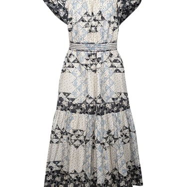 Sea NY - Ivory, Black, & Blue Floral Patchwork Midi Dress Sz XS