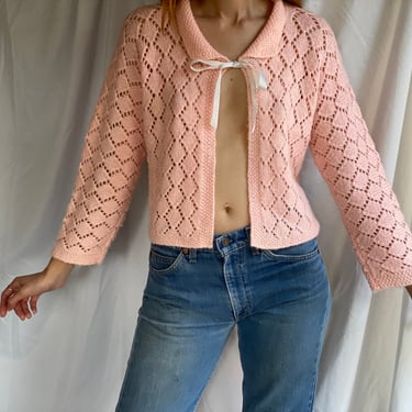 Vintage Pink Cardigan / Open Knit Baby Pink Ribbon Cardi / Hipster Knitwear / Cozy Winter / Knit Top / Valentine's Day 