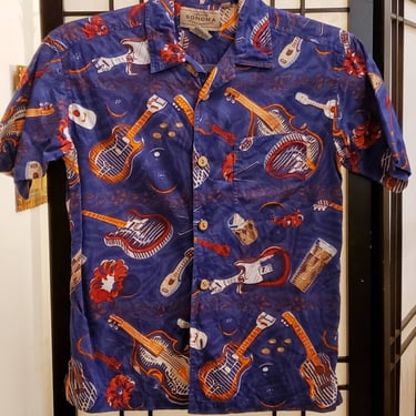 Vintage Boys Button Down Cotton Print Shirt Guitars Drums Rockabilly Tiki Blue Sonoma Size 7 