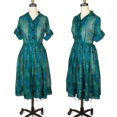 1950s Dress ~ Lightweight Green and Blue Shirtwaist Dress 