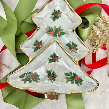 Vintage Holiday Candy Dish, Poinsettia Design, Christmas Tree Dish, Santa's Treats, Ceramic Decor, Trinket Dish 