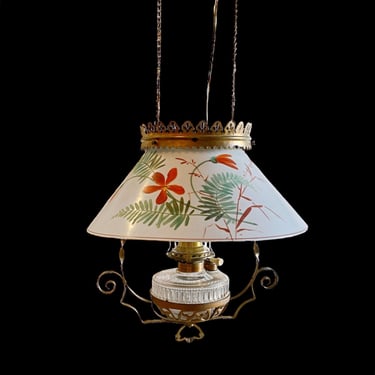 Complete antique hanging oil lamp w/ brass counterbalance pulley & hand painted milk glass shade. Electrified kerosene kitchen light 