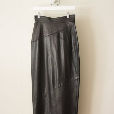 1980s Black Leather Patchwork Ankle Length Skirt 