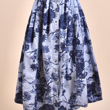 Blue Floral Chambray 80s Skirt By Gloria Vanderbilt, M/L