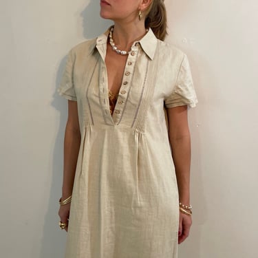 90s linen maxi dress / vintage oatmeal 100% Irish linen collared popover Henley short sleeve maxi shirt dress | Medium 