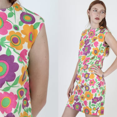 Vintage 70s Psychedelic Scooter Dress /  1970s GoGo Floral Shift Dress / Bright Neon Color Party Mini 