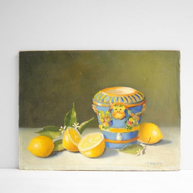 Vintage Still Life Oil Painting of Lemons and a Blue Vase 