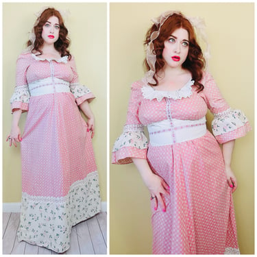 1970s Vintage Hilda Hawaii Pastel Pink Bell Sleeve Dress / 70s Magical Floral Gingham Ribbon Dolly Cotton Prairie Dress / Large 