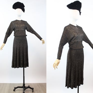 1940s GOLD black KNIT dress small medium | new winter 
